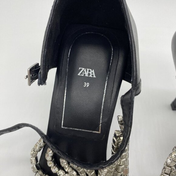 Zara 2020 Cruise Sandals 39 Sparkly Rhinestone Black Leather Square Toe Heels - Picture 6 of 16